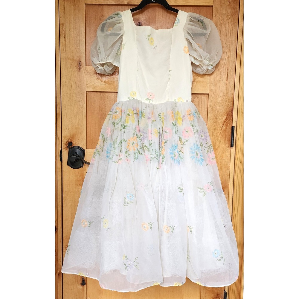 Handmade XS White Floral Organza Vintage Midi Maxi Dress Puff Sleeve Cottagecore